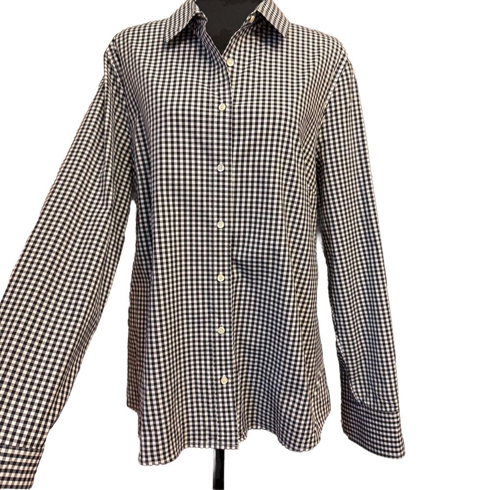 J Crew Top XL Womens Button Up Shirt Black Gingham Check Stretch Perfect Office